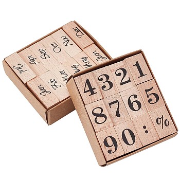 2 Sets 2 Style Wooden Stamps, for DIY Craft Card Scrapbooking Supplies, with Rubber, Rectangle with Number & Symbol, Burgundy, 1.2~2.4x1.6~3.2x2.4~2.5cm, 12pcs/set, 1set/style