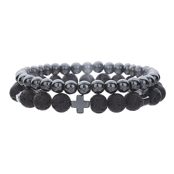 Round Natural Lave Rock & Synthetic Non-magnetic Hematite Beaded Stretch Bracelet Sets, Cross Stackable Bracelets for Men