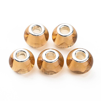 Glass European Beads, Large Hole Beads, with Silver Tone Brass Double Cores, Rondelle, Sandy Brown, 14.5x11.5mm, Hole: 5mm