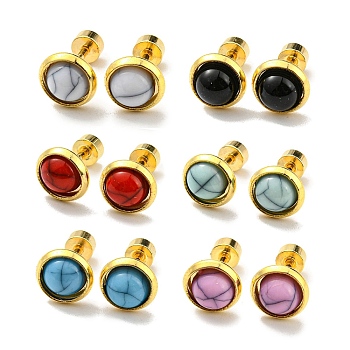 Vacuum Plating 12 Pairs 6 Color Flat Round Resin Straight Barbell Stud Earrings, Golden 304 Stainless Steel Piercing Body Jewelry, Mixed Color, 12x8mm, 2 Pair/color