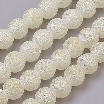 Electroplate Glass Beads Strands, Frosted, Round, Light Goldenrod Yellow, 4mm, Hole: 1mm, about 100pcs/strand, 15.7 inch