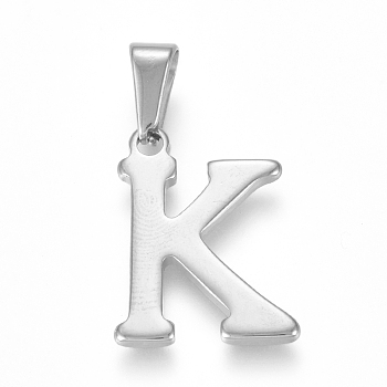304 Stainless Steel Pendants, Stainless Steel Color, Initial Letter.K, 20x15x1.8mm, Hole: 3x7mm