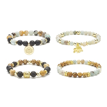 4Pcs 4 Style Natural & Synthetic Mixed Gemstone & Buddhist Head Beaded Stretch Bracelets Set, Lotus & Elephant Alloy Charms Stackable Bracelets for Women, Inner Diameter: 2-1/2 inch(6.3cm), 1Pc/style