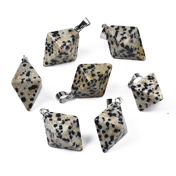 Natural Dalmatian Jasper Pendants, with Platinum Plated Iron Findings, Bicone, 28~29.5x20x20mm, Hole: 4~5x6.5~7mm