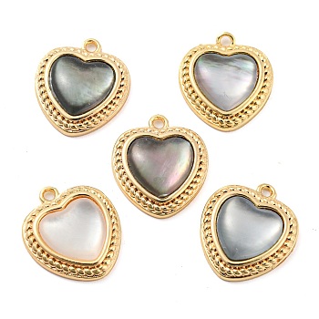 Natural Freshwater Shell Brass Heart Charms, Real 18K Gold Plated, 13.5x12x3.5mm, Hole: 1.2mm