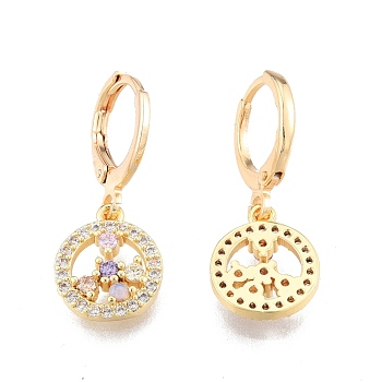 Colorful Cubic Zirconia Flower Dangle Leverback Earrings, Brass Jewelry for Women, Cadmium Free & Nickel Free & Lead Free, Real 18K Gold Plated, 26mm, Pin: 1mm