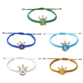 5Pcs 5 Colors Big Evil Eye Braided Bead Bracelet, Adjustable Stackable Bracelet for Teen Girl Women, Mixed Color, Inner Diameter: 2-1/4~4 inch(5.7~10.4cm), 1pc/color