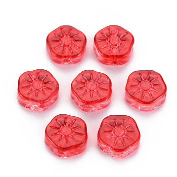 Transparent Glass Beads, Plum Blossom Flower, Red, 10x10.5x4mm, Hole: 1.2mm
