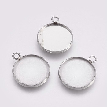 202 Stainless Steel Pendant Cabochon Settings, Plain Edge Bezel Cups, with 304 Stainless Steel Loops, Flat Round, Stainless Steel Color, Tray: 20mm, 26.5x22x2mm, Hole: 3mm