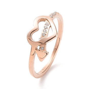 Crystal Rhinestone Heart with Arrow Finger Ring, Ion Plating(IP) 304 Stainless Steel Jewelry for Women, Rose Gold, US Size 5 1/2~9(16.1~18.9mm)