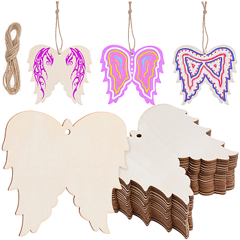 2 Sets Unfinished Wood Pendant Decorations, Jute Rope Hanging Decorations, Wing, 92x100x2mm, Hole: 3mm