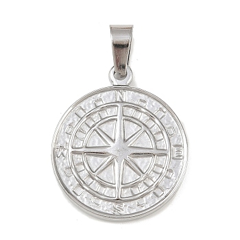 304 Stainless Steel Pendants, Compass, Stainless Steel Color, 26x22x3mm, Hole: 6.5x4mm