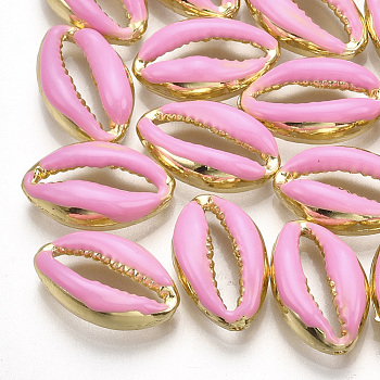 Alloy Enamel Beads, Cowrie Shell Shape, Light Gold, Hot Pink, 16.5x10x4.5mm, Hole: 1.2mm