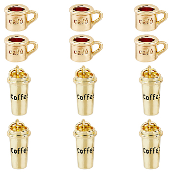 12Pcs 2 Style Brass Charms, Cup with Cafe & Word Coffee, Real 18K Gold Plated, 6.5~15x10~15x7~7.5mm, Hole: 1~3x2~3mm, 6pcs/style