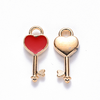Alloy Enamel Pendants, Heart Key, Light Gold, Red, 16x7x2.5mm, Hole: 1.8mm