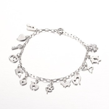 Stainless Steel Charm Bracelets, with Spring Ring Clasps, Stainless Steel Color, 7-1/4 inch(183mm)