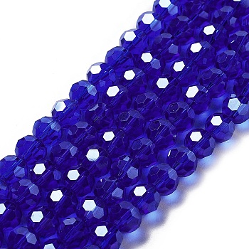 Electroplate Transparent Glass Beads Strands, Faceted(32 Facets), Round, Pearl Luster Plated, Medium Blue, 8mm, Hole: 1mm, about 66~69pcs/strand, 19.29~19.57 inch(49~49.7cm)