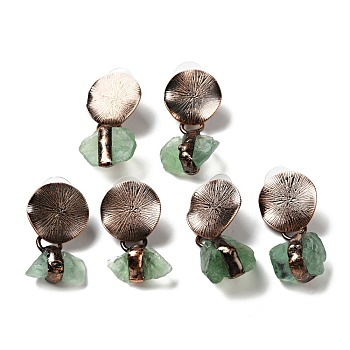 Natural Fluorite Irregular Nugget Dangle Stud Earrings, Brass Flat Round Drop Earrings for Women, Red Copper, Cadmium Free & Lead Free, 37~46mm, Pin: 0.7mm