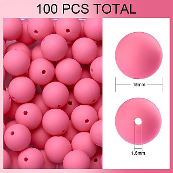 100Pcs Silicone Beads Round Rubber Bead 15MM Loose Spacer Beads for DIY Supplies Jewelry Keychain Making, Hot Pink, 15mm