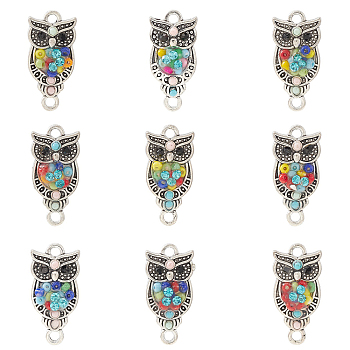 10Pcs Owl Shaped Alloy Rhinestone Connector Charms, with Colorful Glass Seed Beads, Antique Silver, 23x11x4mm, Hole: 2mm