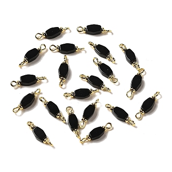 Natural Black Onyx(Dyed & Heated) Connector Charms, Hexagon Links with Real 18K Gold Plated Brass Loops, 18.5~19x5x3~3.5mm, Hole: 1.6mm