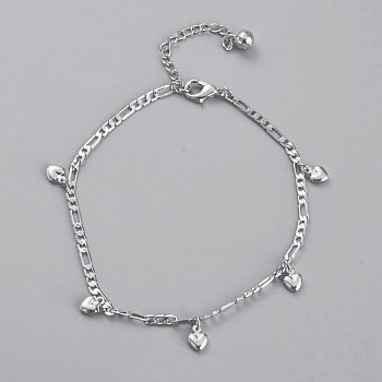 Brass Heart Charm Anklets, with Figaro Chains and Bell Charms, Platinum, 9 inch(22.7cm)