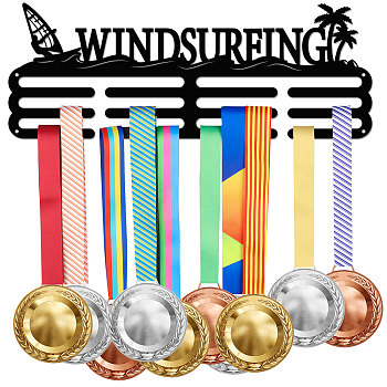 Word Windsurfing Fashion Iron Medal Hanger Holder Display Wall Rack, with Screws, Coconut Tree Pattern, 150x400mm