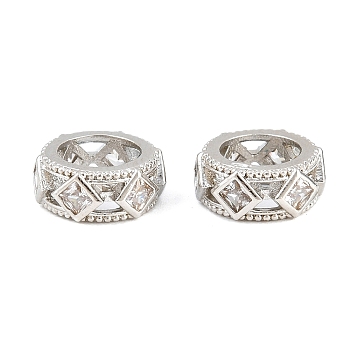 Brass Micro Pave Clear Cubic Zirconia European Beads, Large Hole Beads, Ring with Rhombus, Rack Plating, Long-Lasting Plated, Lead Free & Cadmium Free, Platinum, 9.5x4mm, Hole: 6mm
