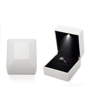 Rectangle Plastic Ring Storage Boxes, Jewelry Ring Gift Case with Velvet Inside and LED Light, White, 5.9x6.4x5cm