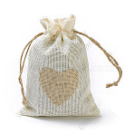 Burlap Packing Pouches, Drawstring Bags, Rectangle with Heart, Antique White, 9.5~10.5x7.5~8x0.4cm(ABAG-I001-03A-03)