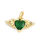 Valentine's Day Brass Micro Pave Cubic Zirconia Pendants, Heart with Wing Charms, Long-Lasting Plated, Rack Plating, Lead Free & Cadmium Free, Real 18K Gold Plated, Sea Green, 8.5x15x4mm, Hole: 3.2mm(KK-H273-33A-G)
