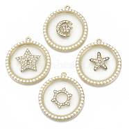 Alloy Pendants, with Resin, ABS Plastic Imitation Pearl and Crystal Rhinestone, Flat Round, Light Gold, 41x37~38x4mm, Hole: 1.8mm(PALLOY-N159-007)