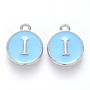 Platinum Plated Alloy Enamel Charms, Cadmium Free & Lead Free, Enamelled Sequins, Flat Round with Letter, Letter.I, 14x12x2mm, Hole: 1.5mm(X-ENAM-S118-04I-P)