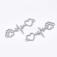 201 Stainless Steel Links connectors, Laser Cut Links, Heartbeat with Paw Print, Stainless Steel Color, 33x12x1mm, Hole: 1.8mm(STAS-N091-34P)