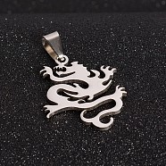 201 Stainless Steel Dragon Pendants, Stainless Steel Color, 31x25x1.5mm, Hole: 4x9mm(STAS-I032-196A)