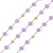 Dyed Natural Jade Round Beaded Chain, with Golden 304 Stainless Steel Satellite Chains, Unwelded, with Spool, Dark Orchid, 2.5x1x0.3mm, 5x4mm, 3mm, about 32.81 Feet(10m)/Roll(CHS-C006-01D)