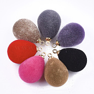 Flocky Acrylic Pendants, with Brass Findings, teardrop, Golden, Mixed Color, 20~20.5x12.5mm, Hole: 1.6mm(FIND-T046-27)