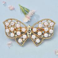 Tibetan Style Alloy Rhinestone Hair Barrettes, with Plastic Imitation Pearl Beads, Butterfly, Golden, 38.5x72.5x18.5mm(PHAR-P010-04G)