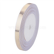 Polyester Satin Ribbon, with Single Face Golden Hot Stamping, Stripe Pattern, White, 10mm, 22.5m/roll(OCOR-TAC0001-14B)
