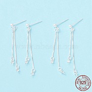925 Sterling Silver Stud Earring Findings, Long Chain Tassel with Double Peg Bails, for Half Drilled Beads, Silver, 55.5mm, Pin: 0.7mm and 0.6mm(for half drilled beads)(STER-P047-11A-S)