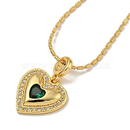 Brass Pave Cubic Zirconia Peach Heart Pendant Necklaces for Women, Real 18K Gold Plated, Green, 16.93 inch(43cm)(NJEW-Q346-03G-01)