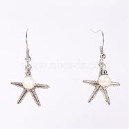 Dangle Retro Alloy Starfish/Sea Stars Pendants Earrings for Women, with Freshwater Pearl Beads and Brass Earring Hooks, Antique Silver, 20mm(EJEW-PJE687)