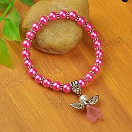 Lovely Wedding Dress Angel Bracelets for Kids, Carnival Stretch Bracelets, with Glass Pearl Beads and Tibetan Style Beads, Hot Pink, 45mm(BJEW-JB00727-07)