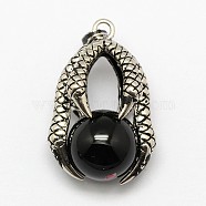 Vintage Natural Bezel Black Agate Pendants, with Antique Silver Plated Alloy Findings, Animal Claw with Round Beads, 37x25x16mm, Hole: 5x3mm(G-M038-03B)