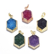 Natural Druzy Agate Pendants, Edge Golden Plated, with Golden Tone Brass Finding, Hexagon, Dyed & Heated, Mixed Color, 29~29.5x18~18.5x10.5~11.5mm, Hole: 5x8mm(G-O176Q-05G)