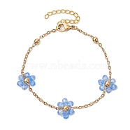 304 Stainless Steel Chain Bracelets, Cable Chains, with Glass Beads, Flower, Golden, 7-1/8 inch(18.2cm)(BJEW-JB11171)