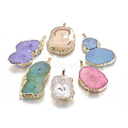 Natural Druzy Agate Big Pendants, with Golden Tone Brass Findings, Dyed, Nuggets, Mixed Color, 42.5~62.5x28.5~41x6~7mm, Hole: 7.5~8x4~5mm(G-L509-13G)