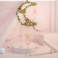 Leaf Butterfly Hemp Rope Wrapped Moon & Natural Rose Quartz Nuggets Hanging Ornaments, Glass Teardrop Tassel Suncatchers for Home Outdoor Decoration, 500mm(PW-WG47156-08)