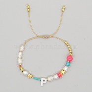 Initial Letter Natural Pearl Braided Bead Bracelet, Adjustable Bracelet, Letter P, 11 inch(28cm)(LO8834-16)
