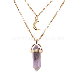 Natural Amethyst Cone Pendant Double Layer Necklace, with Moon Charms, 19.69 inch(50cm)(UX9990-21)